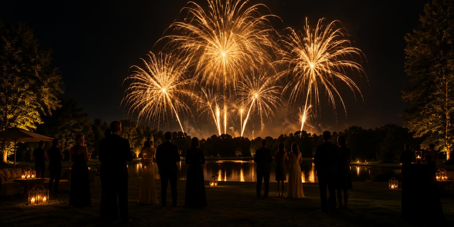 Feiernde am See bei einem Feuerwerk in der Nacht