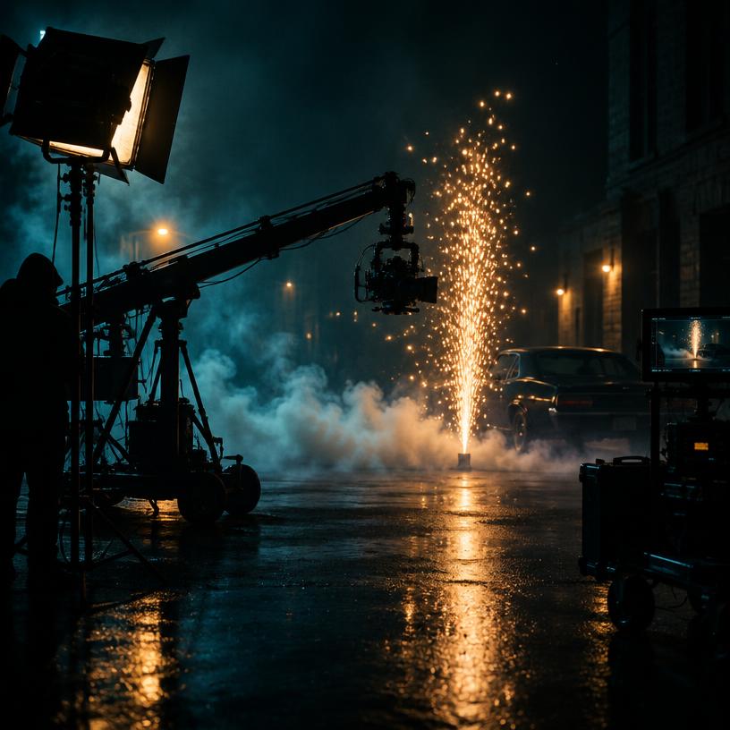 Funkenregen und Nebel bei einer nächtlichen Filmproduktion