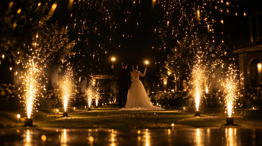 Hochzeitspaar mit Wunderkerzen vor goldendem Funkenregen in der Nacht